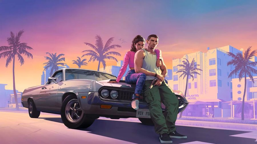 『グランド・セフト・オートVI』公式キービジュアル。夕焼けのバイスシティを背景に、主人公2人が車にもたれかかるイラスト
